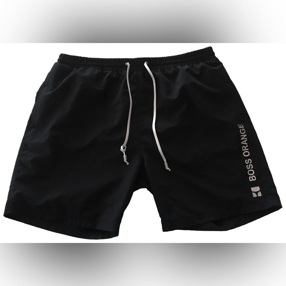🧡 HUGO BOSS 🧡 swim shorts  men’s size XL large black w gray tie/letters